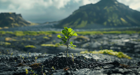 Young plant growing on volcanic soil with mountains in the backgroundの素材