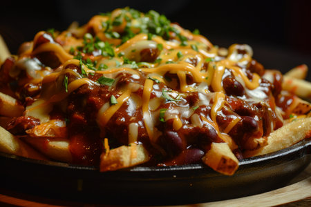 Delicious chili cheese fries on a plateの素材