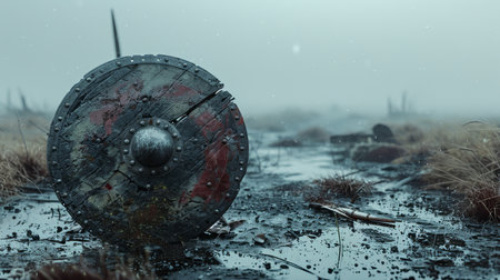 Abandoned Viking Shield in a Misty Battlefieldの素材