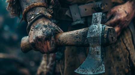 Medieval warrior holding an axe in a battle-ready stanceの素材