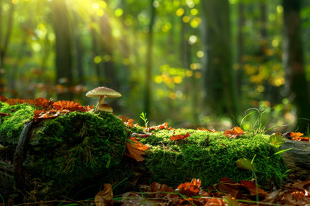 Sunlight streaming through trees onto a mushroom in a forestの素材