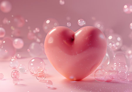 Glossy Pink Heart with Floating Bubbles on a Soft Backgroundの素材