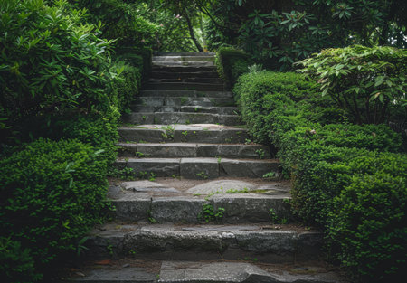 Serene Garden Pathway with Stone Steps Surrounded by Lush Greeneryの素材
