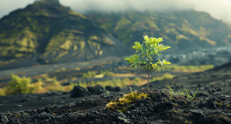 Young plant thriving in a volcanic landscapeの素材