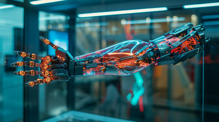 Futuristic robotic arm with glowing circuits in a high-tech laboratoryの素材