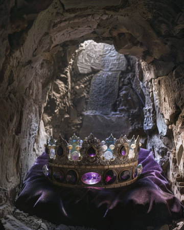 Mystical crown resting on velvet inside a mysterious caveの素材