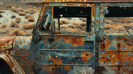 Rusty Old Truck Abandoned in a Desert Landscapeの素材