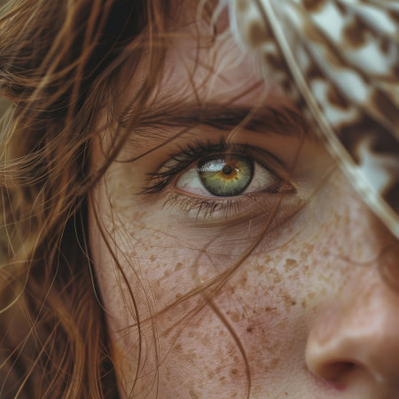 Close-up of a woman's eye with freckles and a featherの素材