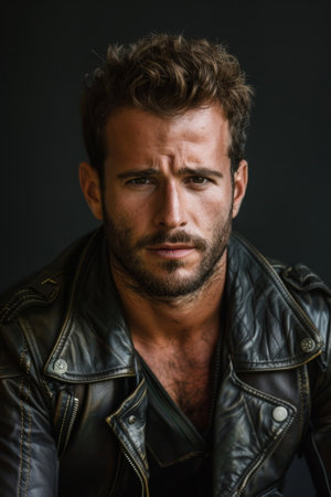 Handsome man in leather jacket posing against dark backgroundの素材