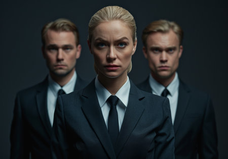Professional team in dark suits posing with serious expressionsの素材