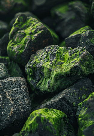 Vibrant green moss growing on dark rugged rocksの素材