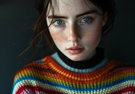 Portrait of a Young Woman with Striking Blue Eyes and Colorful Sweaterの素材