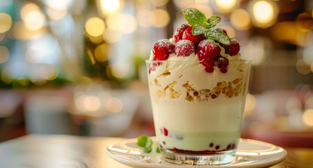 Gourmet parfait dessert with fresh strawberries and mint garnishの素材