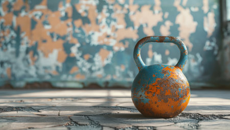 Old kettlebell on a weathered gym floorの素材