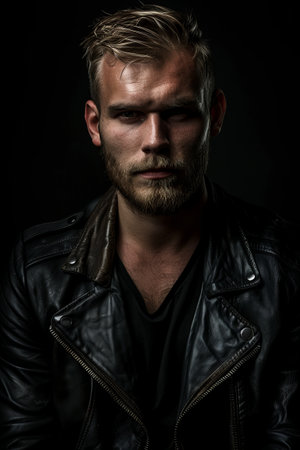 Portrait of a serious young man in a leather jacket against a dark backgroundの素材