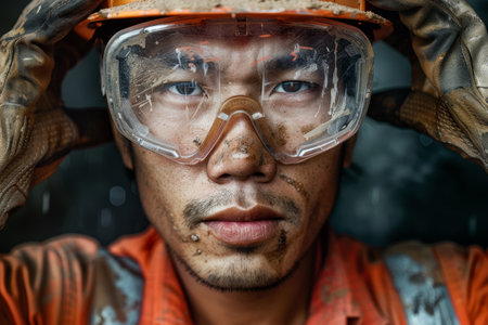 Close-up of a determined construction worker with dirty safety gogglesの素材