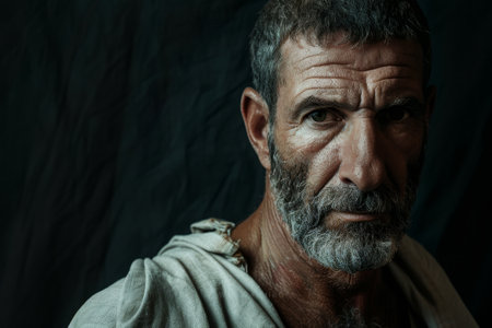 Portrait of a weathered man with a thoughtful expressionの素材