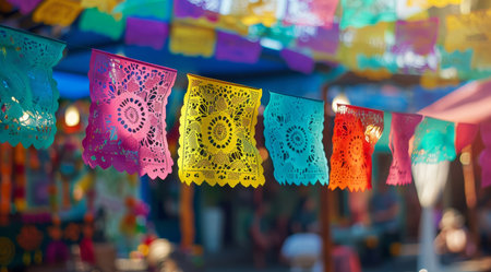 Colorful traditional paper cuttings at a festive outdoor marketの素材