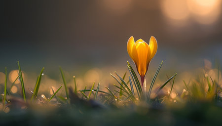 Single Crocus Flower Blooming at Sunriseの素材