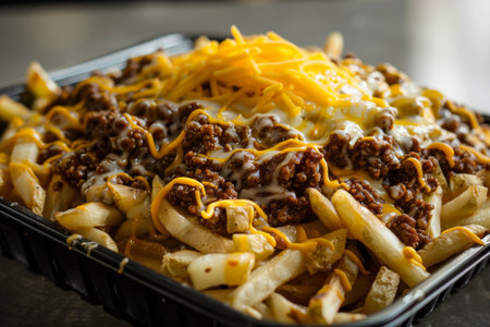 Delicious chili cheese fries in a takeout containerの素材