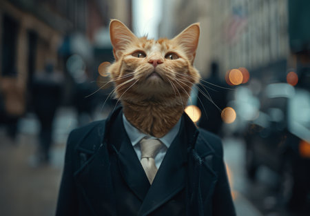 Business Cat in a Suit Walking Down the City Streetの素材