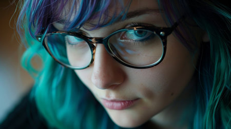 Close-up of a young woman with blue hair and glassesの素材