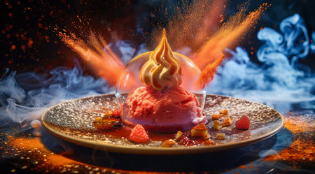 Flaming dessert with dramatic lighting and smoke effectsの素材