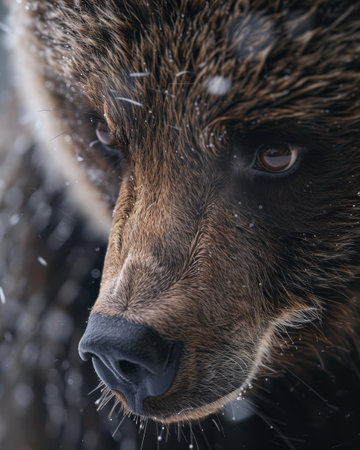 Close-up of a bear's face in falling snowの素材