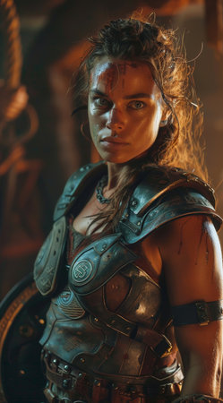 Fierce female warrior in futuristic armor posing in a dramatic lightの素材