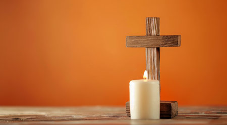 Wooden Cross and Candle on a Warm Backgroundの素材