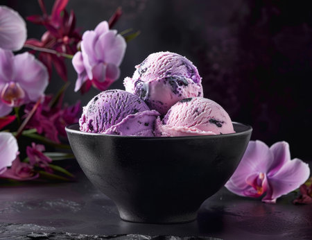 Delicious purple ice cream served in a black bowl with orchid flowers in the backgroundの素材