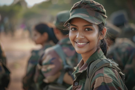 Confident female soldier smiling in military uniformの素材