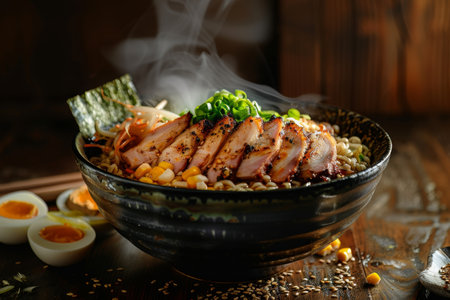 Delicious ramen bowl with grilled pork, eggs, and vegetablesの素材