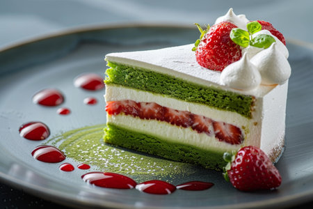 Elegant matcha and strawberry layer cake on a plateの素材