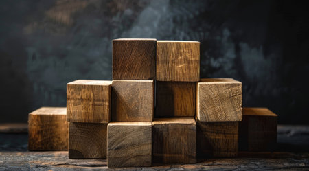 Stack of wooden cubes on a rustic backgroundの素材