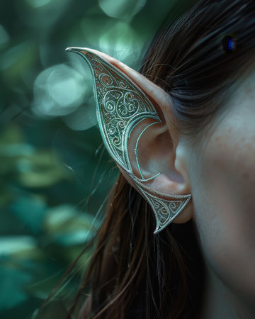 Elegant fantasy elf ear cuff on a woman amidst a mystical forestの素材