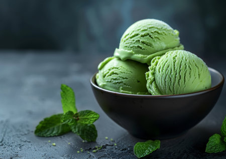 Refreshing scoops of mint ice cream in a bowlの素材