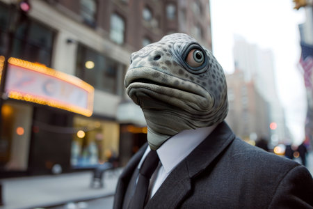 Surreal businessman with a fish head walking in a cityの素材