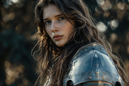 Young female warrior in medieval armor posing in a mystical forestの素材