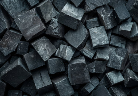 Close-up of Stacked Black Cubes with Textured Surfacesの素材