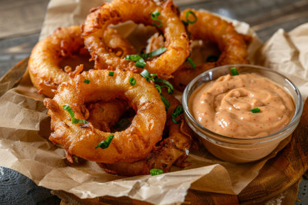 Crispy golden onion rings served with spicy dipping sauceの素材