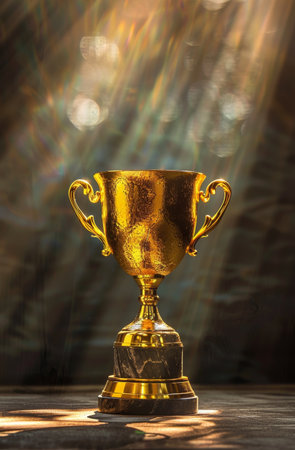 Golden trophy cup illuminated by dramatic sunlightの素材