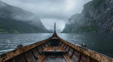 Traditional wooden boat on a misty fjordの素材