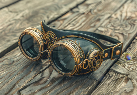 Vintage steampunk goggles on wooden backgroundの素材