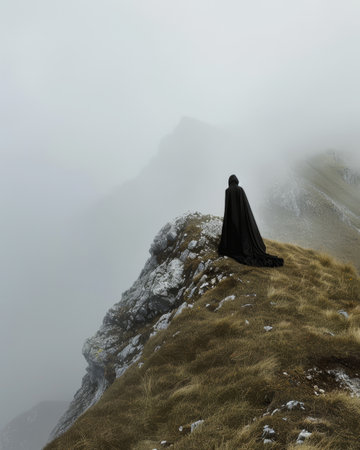 Mysterious figure in cloak standing on a foggy mountain peakの素材