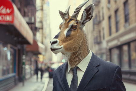 Surreal portrait of a goat in a business suit in an urban settingの素材