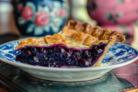Delicious blueberry pie on a decorative plateの素材