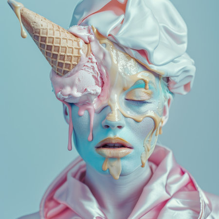 Surreal Portrait of a Person with Melting Ice Cream Cone on Faceの素材