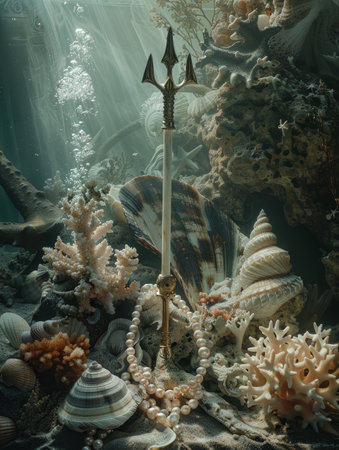 Underwater Fantasy Seascape with Coral, Shells, and Tridentの素材