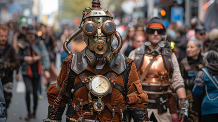 Steampunk-inspired costume in a crowded city streetの素材
